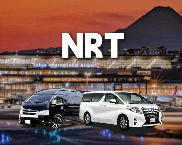 Two vehicles in front of Tokyo International Airport with the text 'NRT' prominently displayed. 1