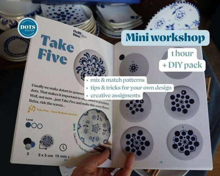 A book titled 'Take Five' with a DIY pack, featuring dot patterns and design tips. 4