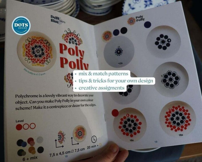 A book open to a page with a pattern titled 'Poly Poly' by Delft Blue Dots. 3