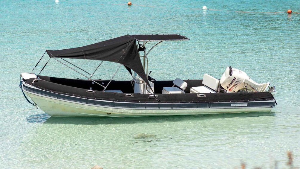 A small motorboat with a canopy, anchored in clear turquoise water. 1
