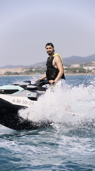 A person riding a jet ski on water with splashes around. 1