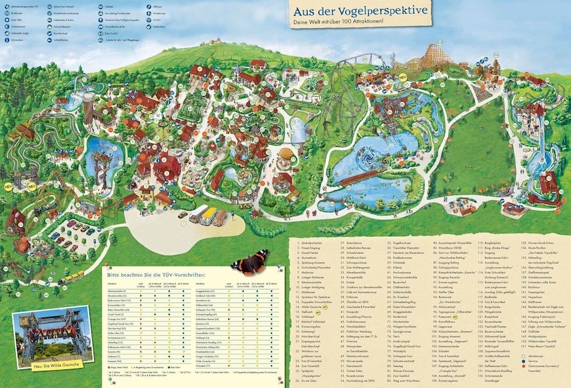 A detailed map of a theme park with various attractions and facilities. 4