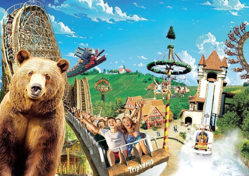 A bear, a roller coaster, a Ferris wheel, and a castle. 1