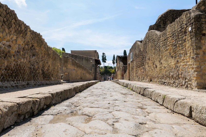 A cobblestone street flanked by ancient stone walls with a clear sky above. 4