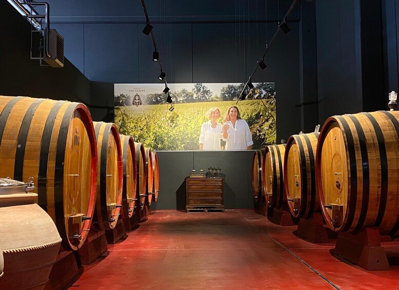 A wine cellar with rows of wooden barrels, a large poster with two people, and a wooden cabinet in the center. 1