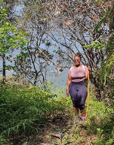 A person hiking in a wooded area with dense foliage and a clear sky. 3