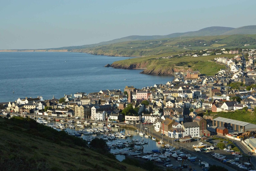 A coastal town with a marina filled with boats, surrounded by hills and a clear sky. 4