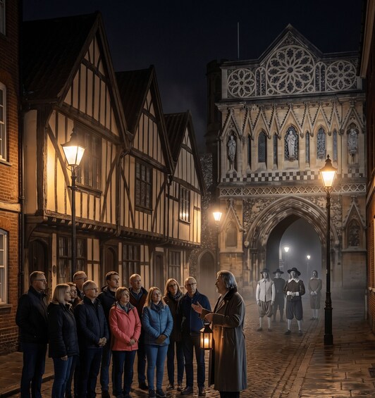 A group of people standing in front of a historic building with a large archway and intricate stonework. 4