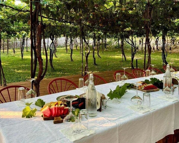 An outdoor dining setup with a table set for a meal, surrounded by trees. 5