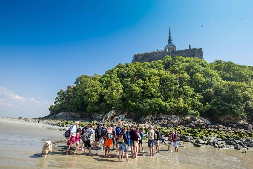 A group of people walking on a beach with a castle on a hill in the background. 5