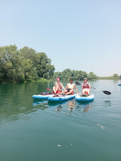 Three people kayaking on a calm river surrounded by lush greenery. 5