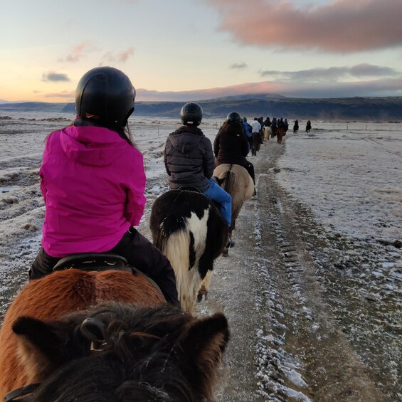 A group of people riding horses on a snow-covered path. 2