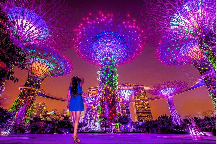 A woman in a blue dress standing in front of a large, illuminated tree structure with a cityscape in the background. 4