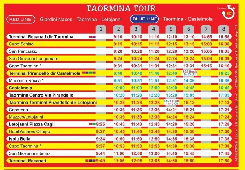 A timetable for the Taormina Tour with stops at various locations. 4