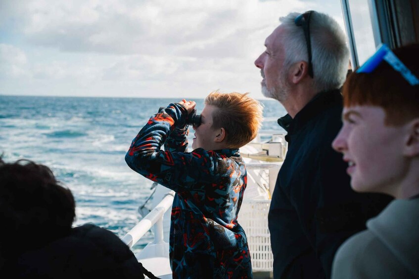 A person looking through binoculars at the ocean from a boat. 5