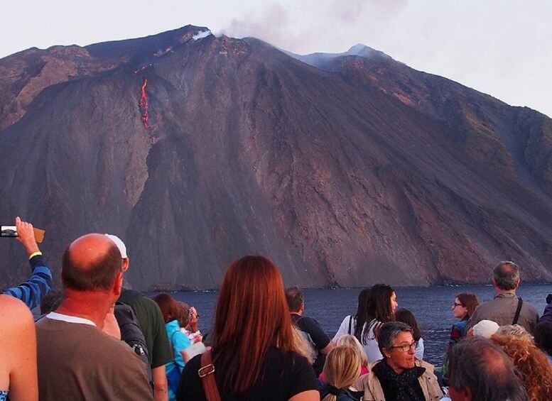 A crowd of people observing a volcano with lava flowing down its side. 4