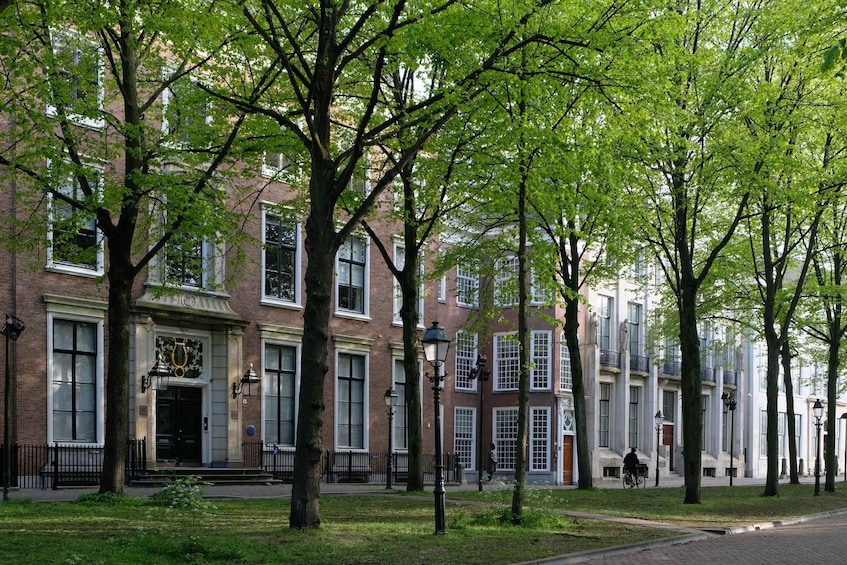 A row of brick buildings with large windows and trees in the foreground. 3