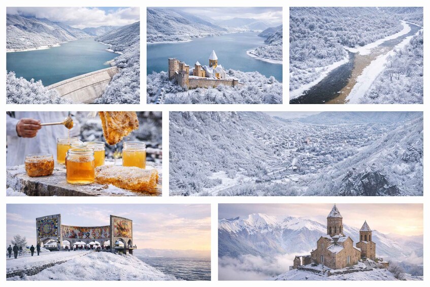 A snowy landscape with a lake, a castle, a road, a honey jar, a mural, and a church. 4