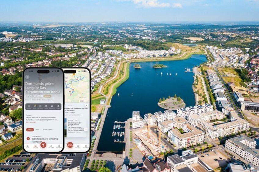 A smartphone displaying a map with a location marked 'Westfalenpark' and a body of water with boats. 1