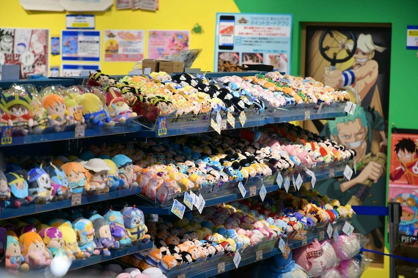 Shelves stocked with various plush toys and merchandise in a store. 5