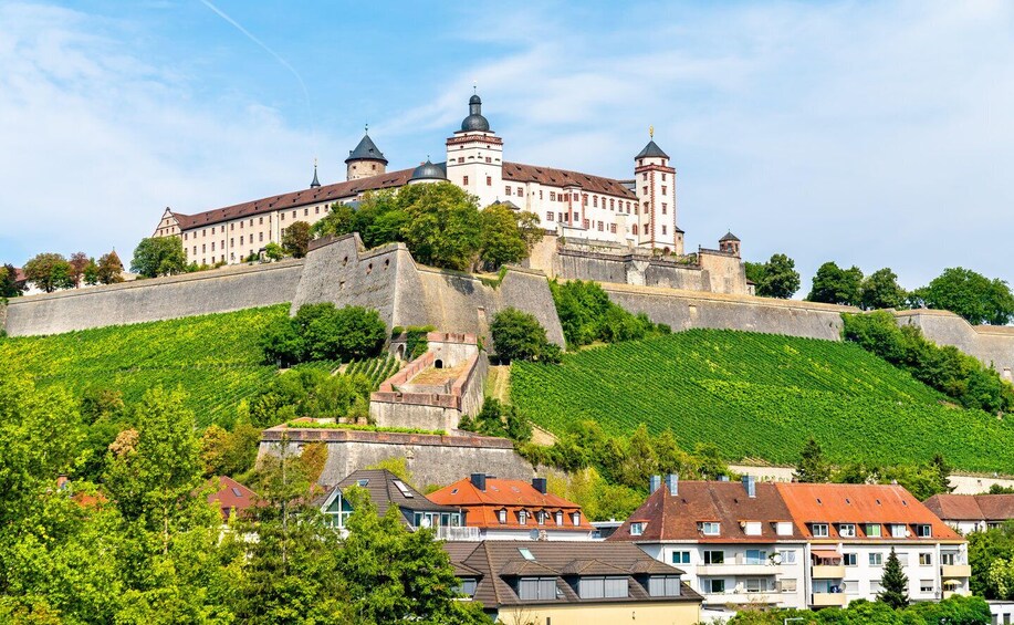A castle on a hill with a fortified wall, lush green vineyards, and residential buildings. 1