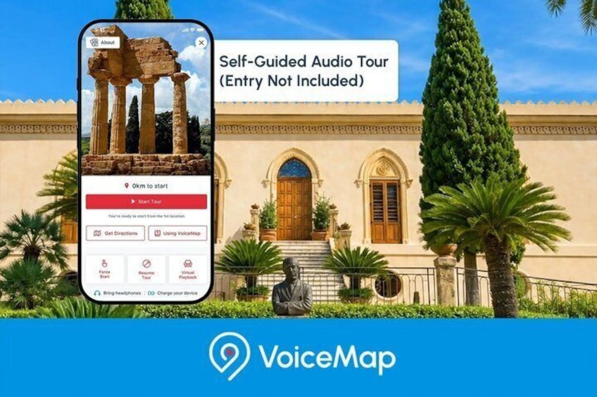 A smartphone displaying a self-guided audio tour app interface with a historical building in the background. 1