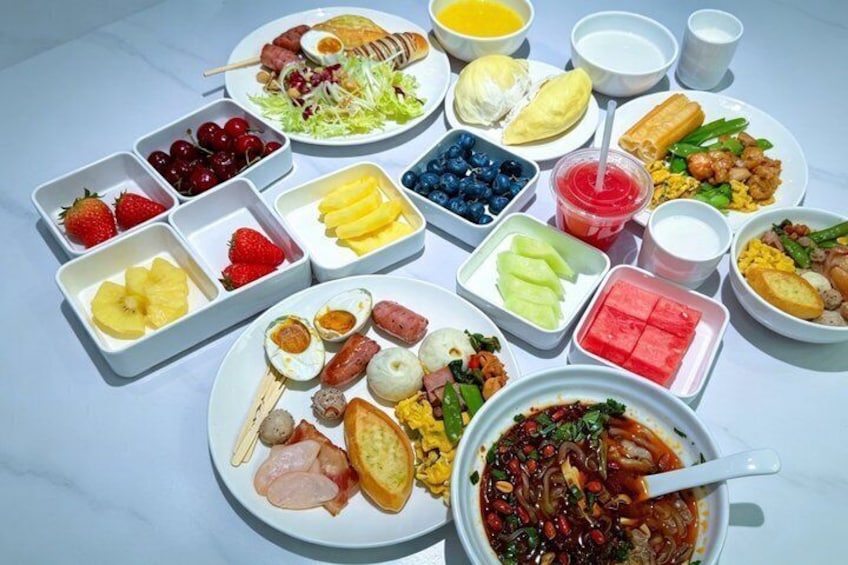 A variety of food items arranged on a table. 5