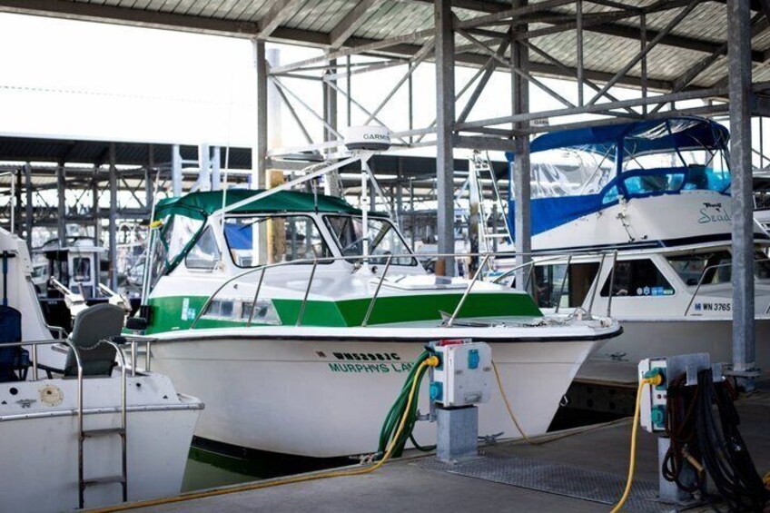 A white and green boat named 'MURPHYS LAKE' docked at a marina with other boats and a covered structure in the background. 5