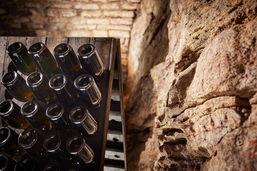 A collection of empty wine bottles against a stone wall. 4