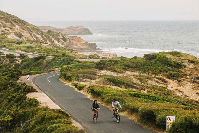 A coastal road with cyclists, a speed limit sign, and a view of the ocean. 1