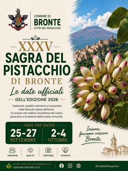 A promotional poster for the Sagra del Pistacchio event in Bronte, with dates 25-27 September and 2-4 October. 2