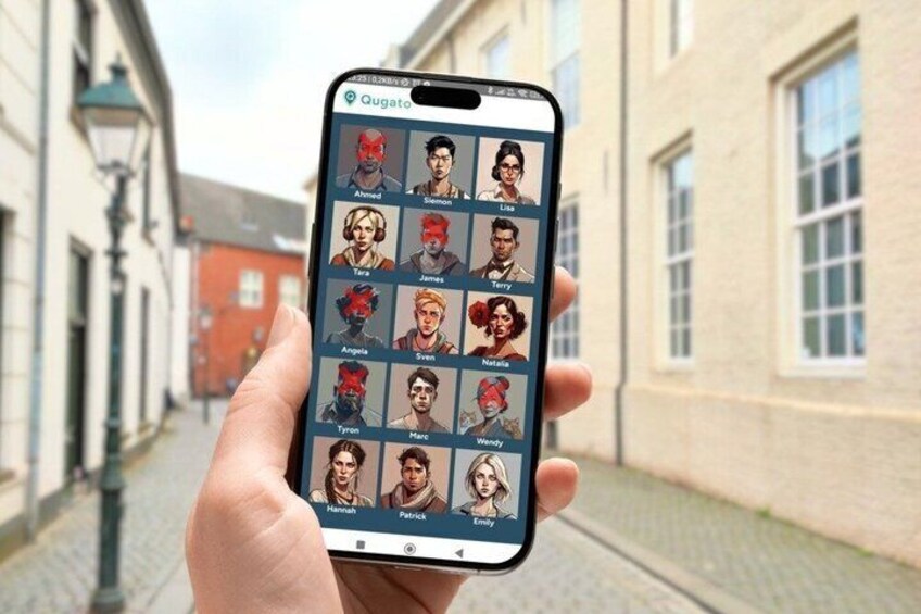 A hand holding a smartphone displaying a social app with multiple user profiles. 1