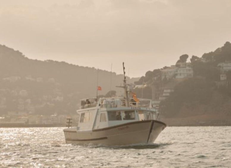 A boat on calm water with a hilly coastline in the background. 4