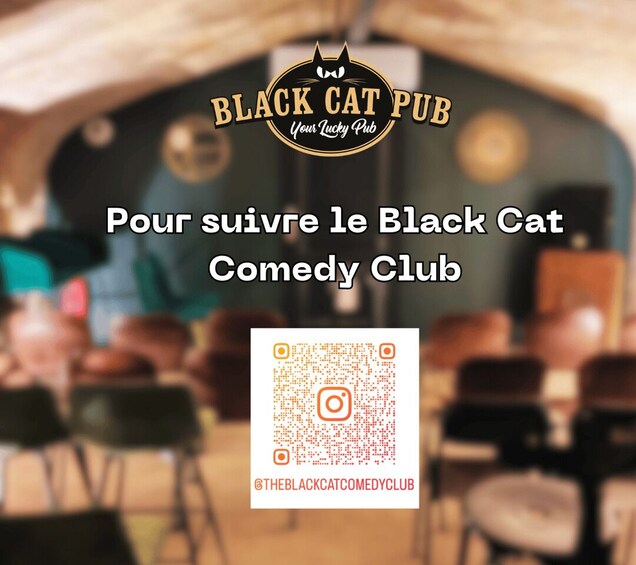 A blurred interior of a pub with a sign reading 'Black Cat Pub' and a QR code for following their comedy club on Instagram. 2