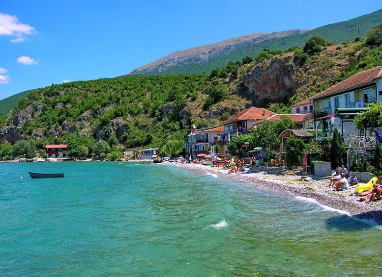 A coastal village with houses, a beach, and a mountain in the background. 5