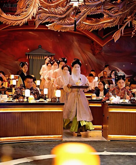 A traditional Chinese setting with ornate decorations and people in period costumes. 2