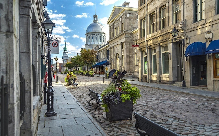 A cobblestone street lined with historic buildings, benches, and a dome-shaped structure in the background. 1