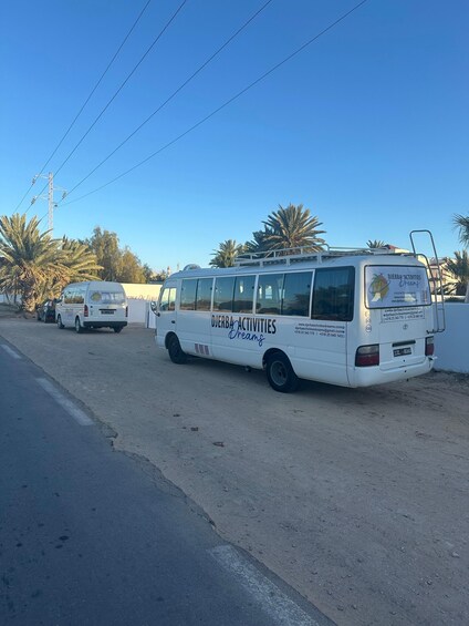 A white van parked on a dirt road with palm trees in the background. 4