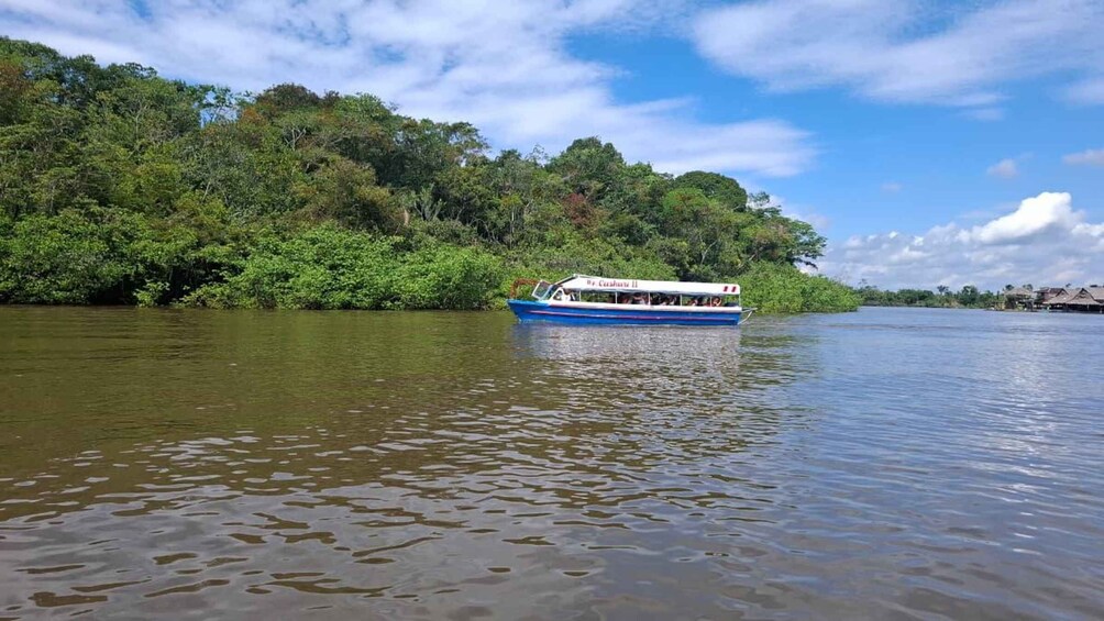 A boat on a river with dense greenery on the banks. 5