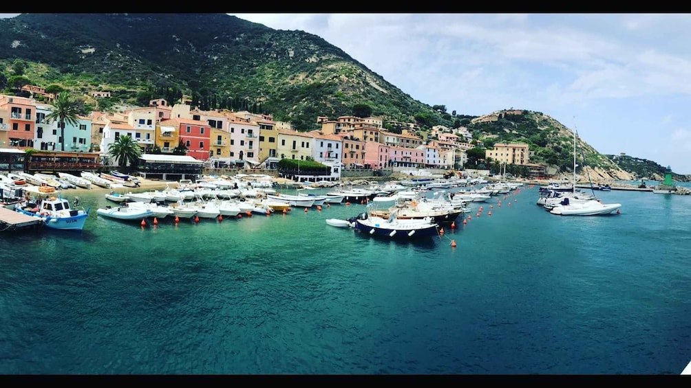 A coastal town with colorful buildings, a marina with boats, and a mountainous backdrop. 1