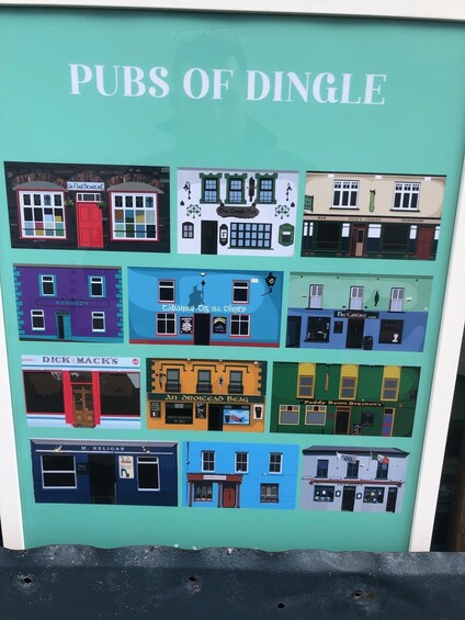 A colorful poster titled 'PUBS OF DINGLE' with various pub illustrations. 2