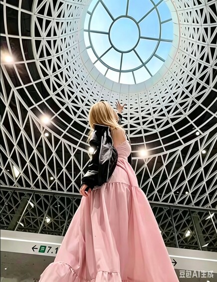 A person in a pink dress standing in front of a modern architectural structure with a geometric pattern and a skylight. 1