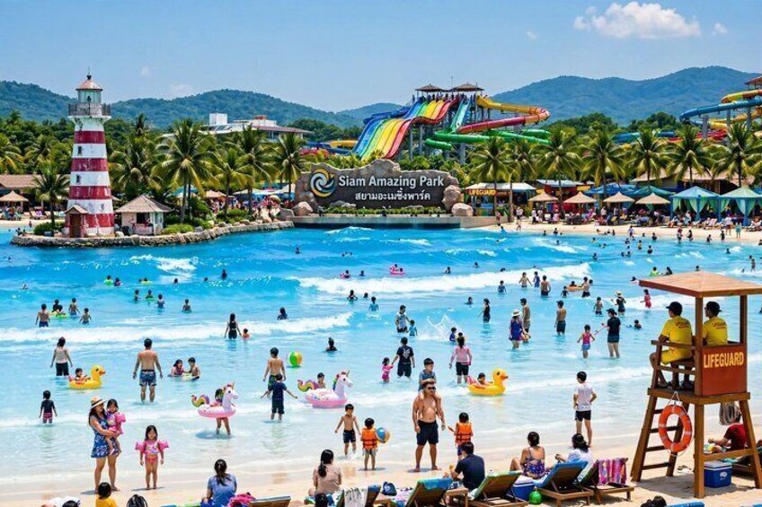 A crowded water park with a large pool, palm trees, and a lighthouse. 2