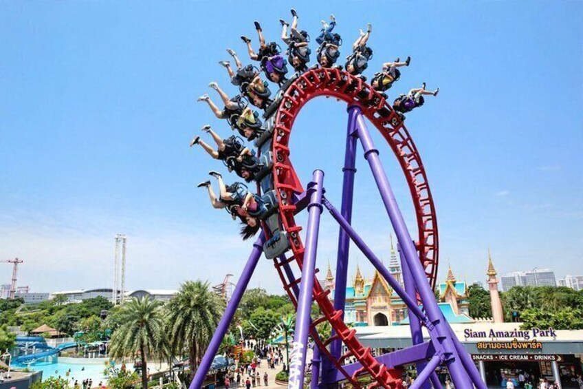 A roller coaster at Siam Amusement Park with a clear sky and palm trees in the background. 4