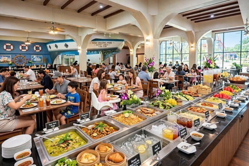 A buffet with various food items and a crowd of people dining. 5