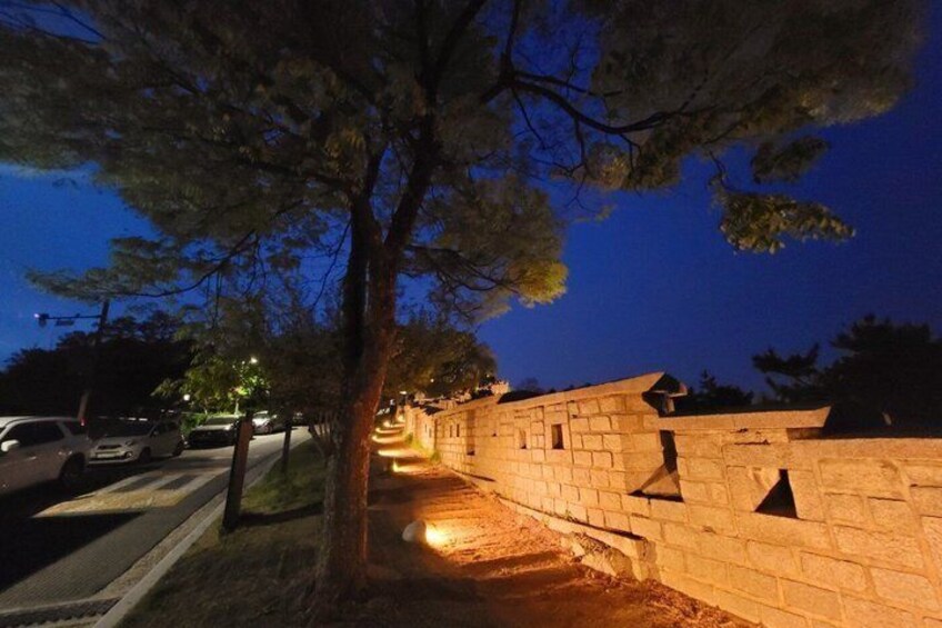 A stone wall with a tree in the foreground and a street with cars in the background. 5