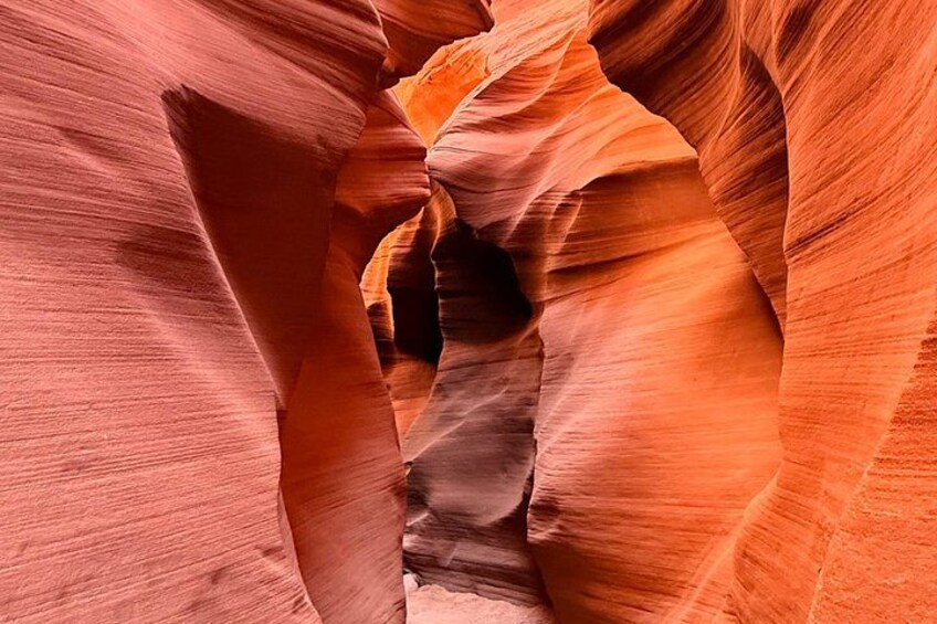 A close-up of red sandstone formations with smooth, curved surfaces and a narrow opening. 4