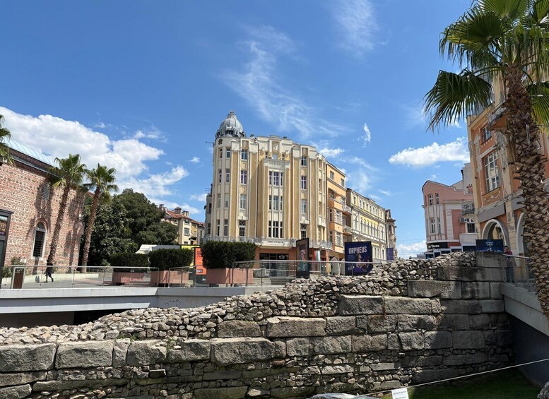 A historic building with a dome, palm trees, and stone walls. 3