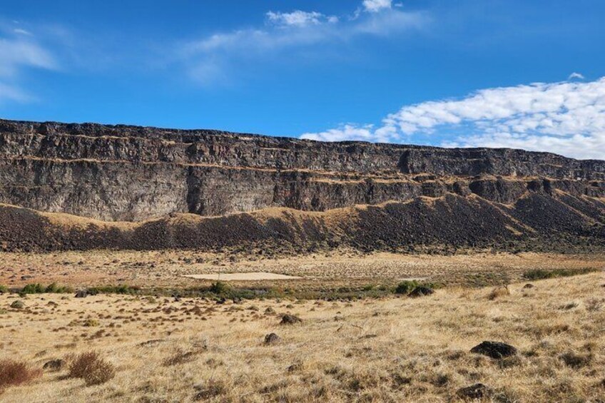 A dry grassland with a large rock formation in the background. 2