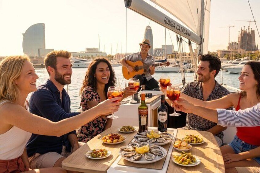 A group of people on a boat with a cityscape in the background. 1
